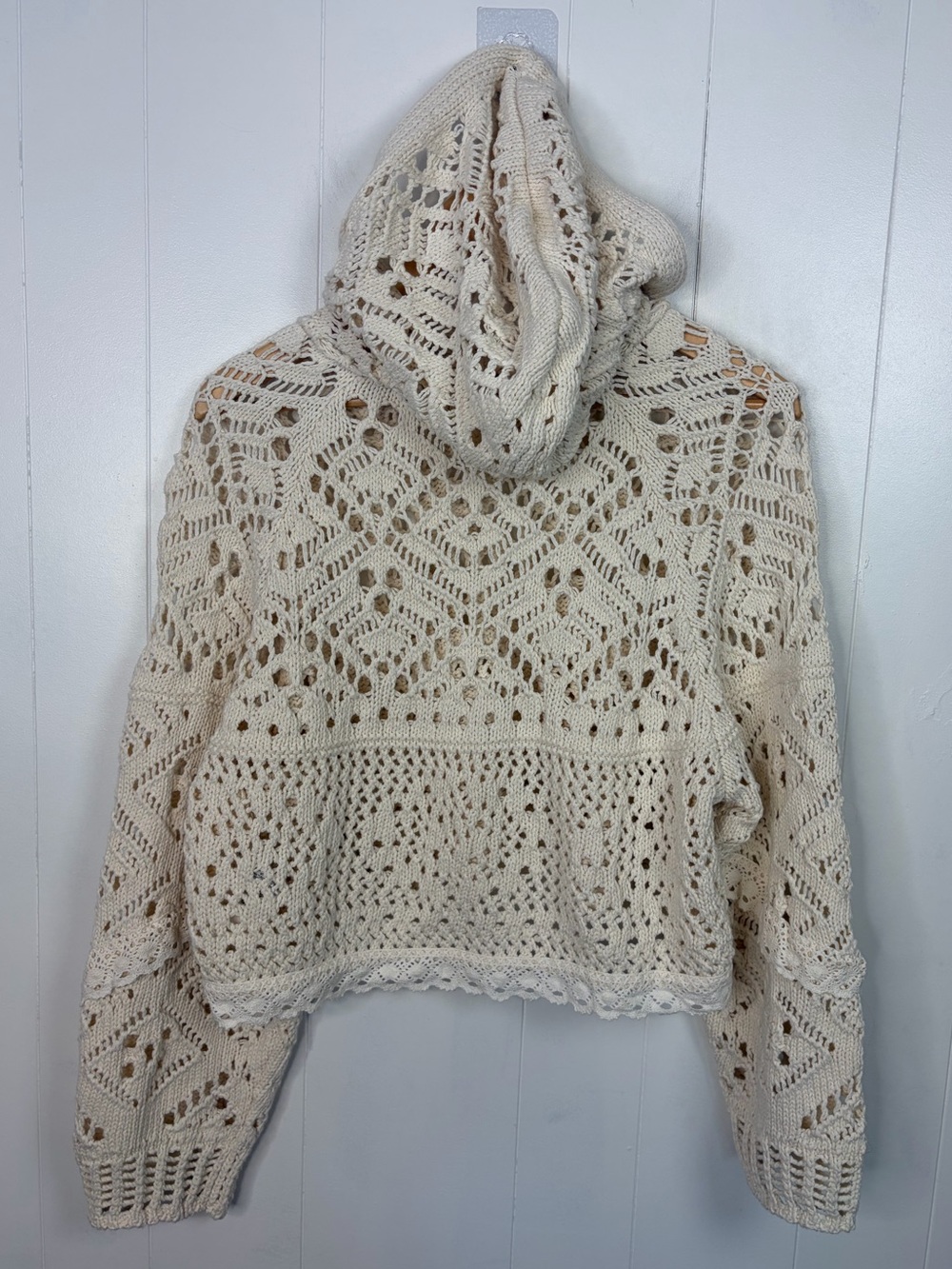 By Anthropologie Boxy Crochet Hooded Sweater Cream Size Small New Boho Festival - Picture 6 of 11